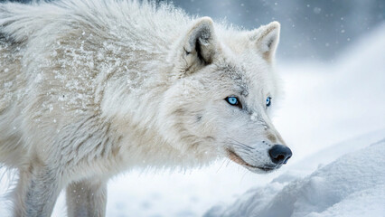 Fototapeta premium A focused arctic wolf with striking blue eyes walking through a snowy winter wonderland scene outdoors