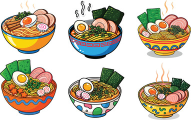 Colorful Cartoon Ramen Bowl with Egg, Noodles, and Seaweed &ndash; Food Illustration