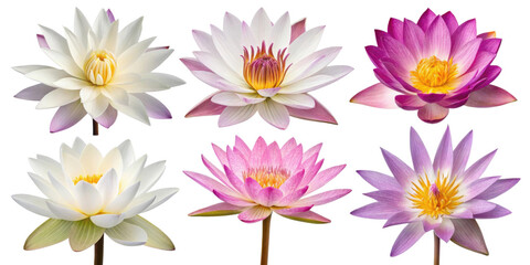Beautiful lotus flowers in various colors showcase their elegance and charm, creating serene atmosphere filled with nature beauty