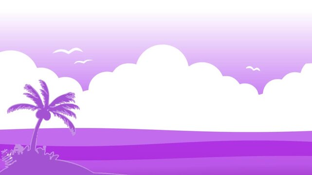 Beautiful gradient illustration of a deserted island, coconut trees and moving clouds