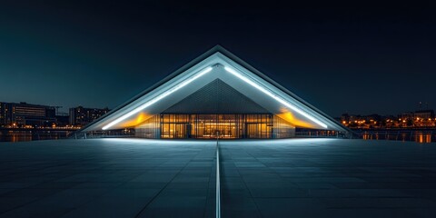 Modern architectural structure at night, illuminated by neon lights
