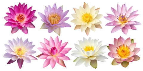 Beautiful lotus flowers in various colors showcase their elegance and charm, creating serene atmosphere of tranquility and beauty