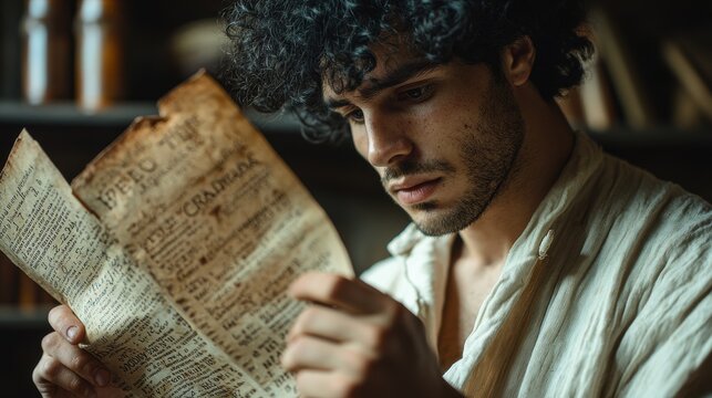 Aged apothecary label young male curly black hair aquiline nose reads vintage medicine hands cropped frame antique bottle serious expression