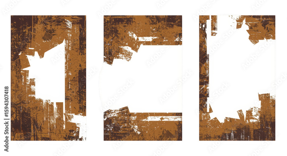 Poster aged abstract texture set: three stylized, textured frames, exuding a blend of raw, weathered charm 