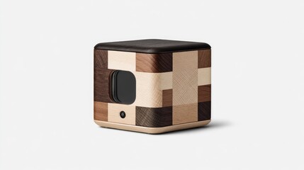 Cubical wooden speaker with a mosaic pattern.