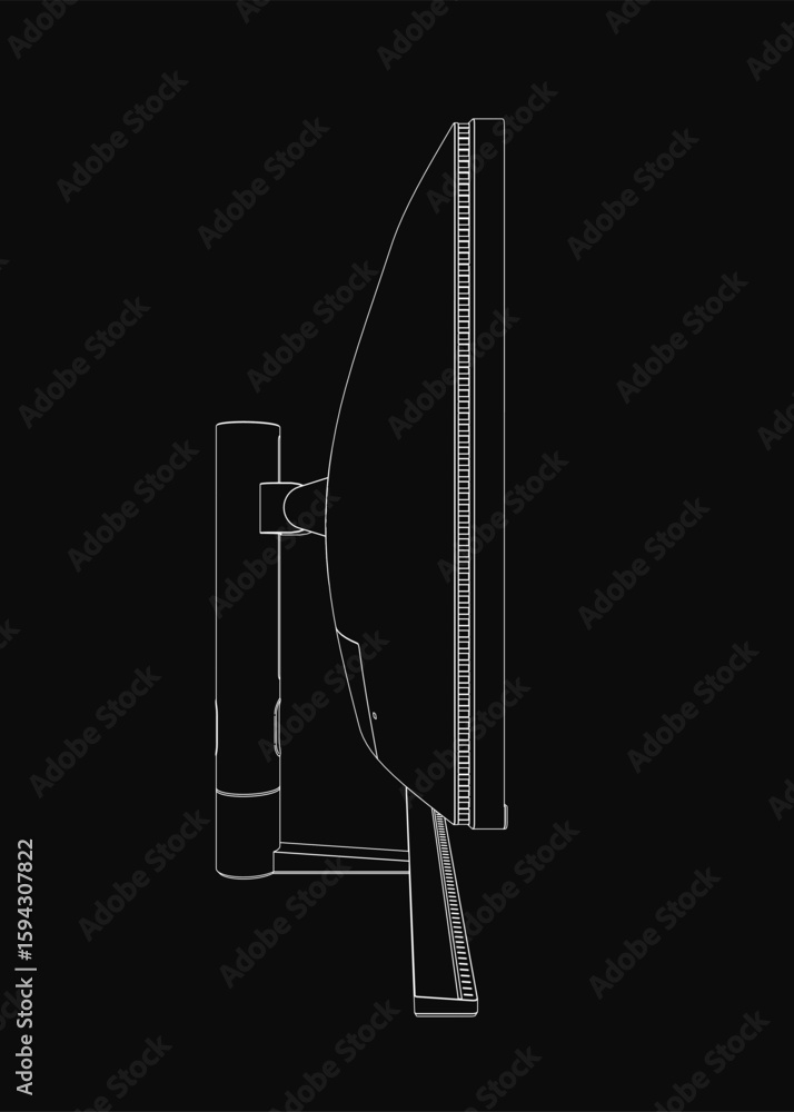 Poster black and white contour drawing of a computer monitor on a dark background, featuring clean lines an