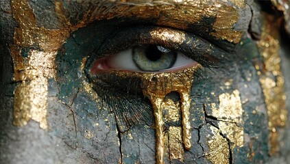 Obraz premium Closeup of a human eye with gold paint dripping down the cheek gold leaf accents on a textured dark teal and gray surface resembling cracked stone or skin