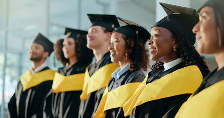 College, diversity and success with students at graduation for alumni ceremony, achievement and...