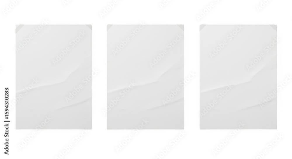Poster three blank papers : three pristine, rectangular papers displayed in a row, perfect for showcasing c