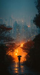A solitary child silhouetted against a vibrant cityscape holds a black umbrella under a rain soaked twilight sky orange and amber city lights reflect on the wet cobblestone street autumnal trees