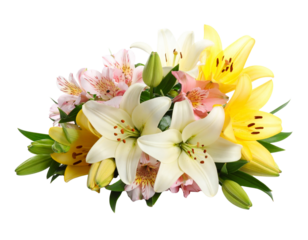  Mixed Lily Flower Bouquet with Pink, White and Yellow Blooms on Transparent Background PNG