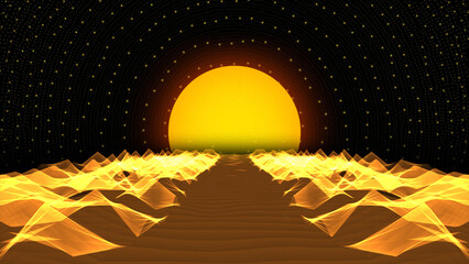 Dreamy retro futuristic horizon landscape with vibrant neon synthwave glow effects illustration
