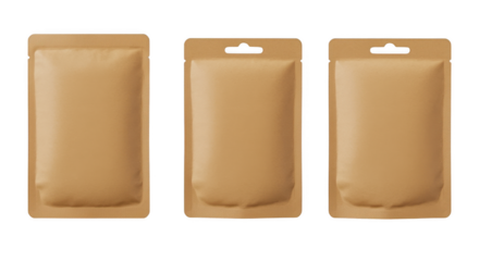 Blank Packaging Collection: An array of three isolated kraft paper pouches perfect for showcasing product designs and mockups, offering a clean and minimalist aesthetic.