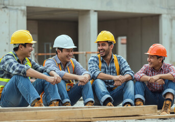 Four construction workers relax and share laughter at a building site during the afternoon in a busy urban area Generative AI