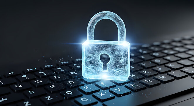 Digital padlock shines, symbolizing cyber security and data protection on a black computer keyboard, highlighting secure online access and information safety.