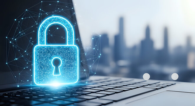 A glowing blue padlock hologram hovers above a laptop keyboard, representing cyber security, data protection, and secure online business with a cityscape background. - Powered by Adobe
