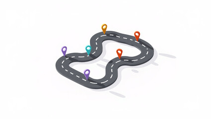Obraz premium An isometric winding road with colorful location pins marking points along its path.