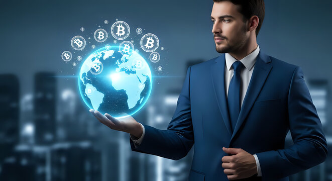 A suited man presents a glowing globe surrounded by Bitcoin symbols, symbolizing digital finance and global cryptocurrency, ideal for business and technological themes around finance. - Powered by Adobe