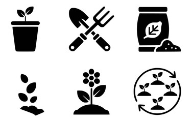 Seedling pot shovel fork fertilizer seeds blooming plant growth cycle vector