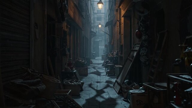 Dark alley filled with vintage items and shadows