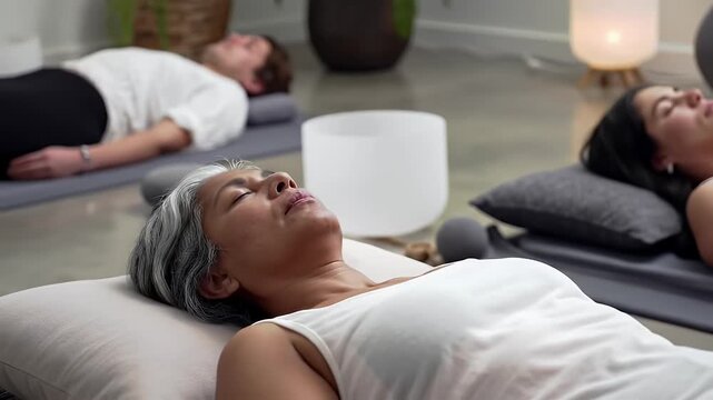 People relaxing during yoga session