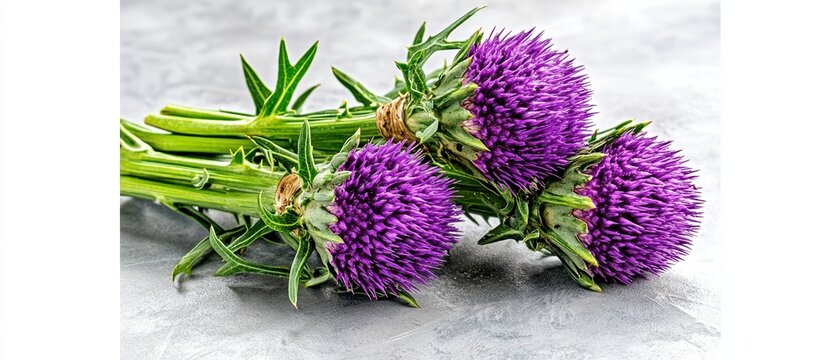 Three Purple Cardoon Flowers on Grey Background