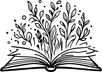 Open Book with Sprouting Plants Icon – Whimsical Botanical Illustration for Knowledge, Growth & Creativity Themes