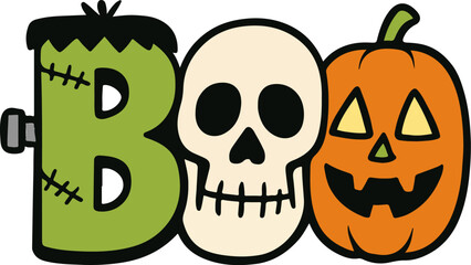 BOO Halloween Typography Icon – Frankenstein, Skull & Pumpkin Letters for Spooky Seasonal Graphics