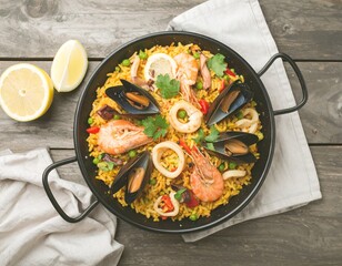 Traditional seafood paella with mussels and shrimp – top-down Spanish dish
