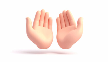 Cartoon hands raised in supplication, a 3D illustration of open palms against a white background.