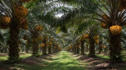Palm tree plantation with bunches of fruit.