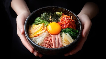 A colorful, layered bowl of bibimbap.