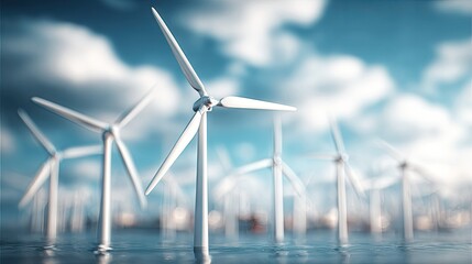 White wind turbines stand in the water.