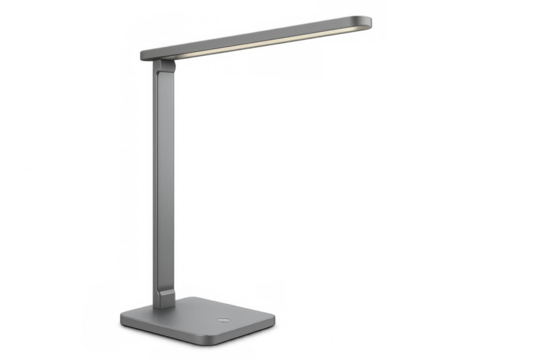 Minimalist led desk lamp emitting bright, directional light, enhancing workspace efficiency against transparent backdrop