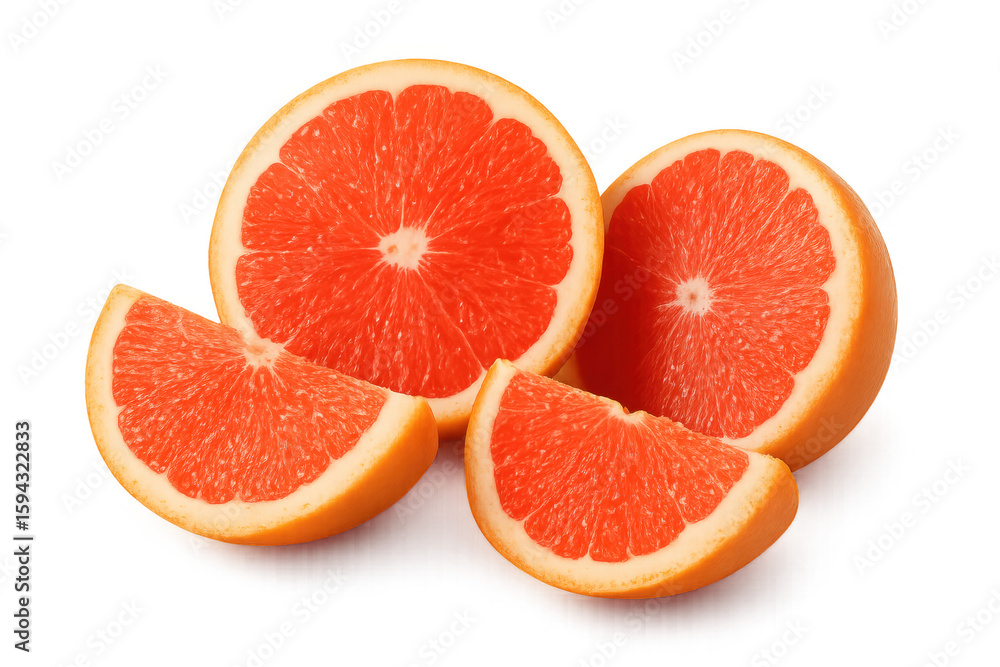 Poster ripe grapefruit halves and slices revealing textured pulp and bright rind on clear surface with shar