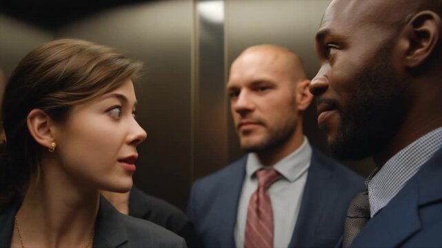 A group of business people standing in an elevator