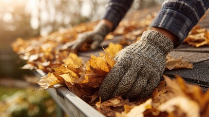 Person removing fallen leaves from a gutter.