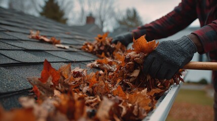 Removing autumn leaves from a house's gutters.