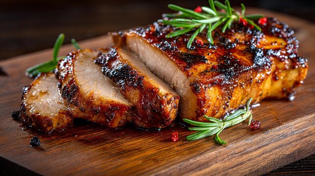Deliciously Roasted Pork Loin with Rosemary Garnish on a Wooden Cutting Board