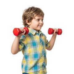 Young boy enthusiastically lifting small red dumbbells, showcasing childhood fitness and healthy development. Ideal for health, parenting, and active lifestyle content.