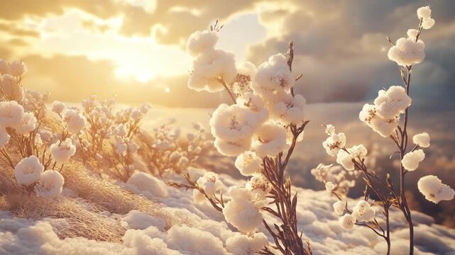 Golden hour bathes winter flora in ethereal light, creating tranquil snowscape at sunset