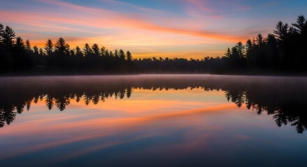 Naklejka premium Sunrise Reflection Over Lake Trees