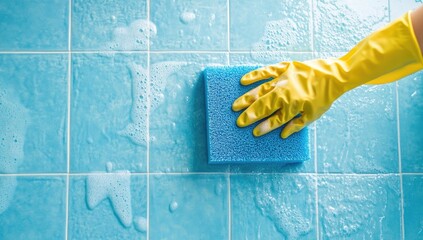 Cleaning light-blue wall tiles with a sponge.