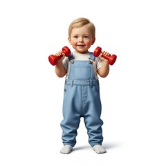 An adorable baby proudly holds small red dumbbells, symbolizing early development and healthy beginnings. Perfect for parenting, health, and growth-related content.