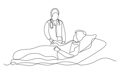 A male doctor examines a patient attentively in a clinic, showing professionalism, care, and focus during a routine medical checkup. continuous line sketch drawing editable stroke vector illustration