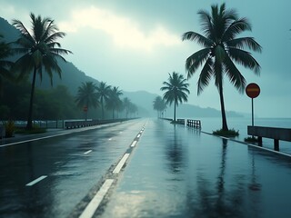 Rainy tropical road scenic drive with palm trees and ocean view travel photo