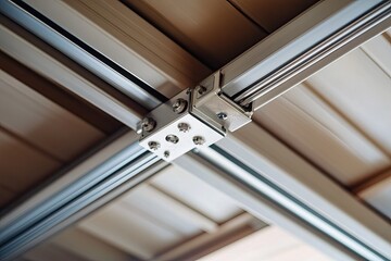 Metal support structure with multiple beams and connectors.