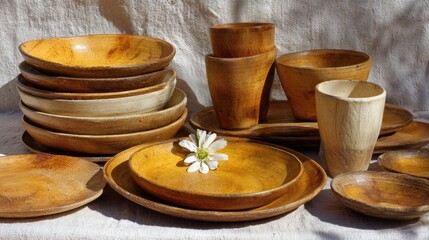 Handcrafted ceramic tableware arrangement on a linen surface.
