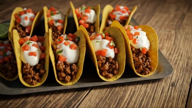 Ground Beef Tacos with Sour Cream and Diced Tomatoes
