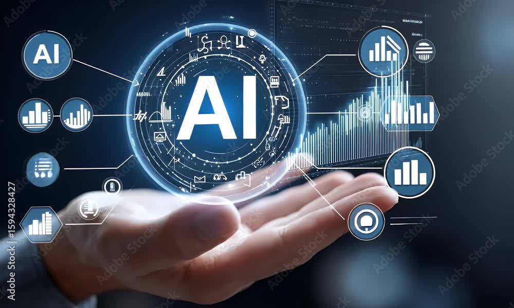 Poster abstract hand holding an icon of artificial intelligence with the text ai and glowing holographic da